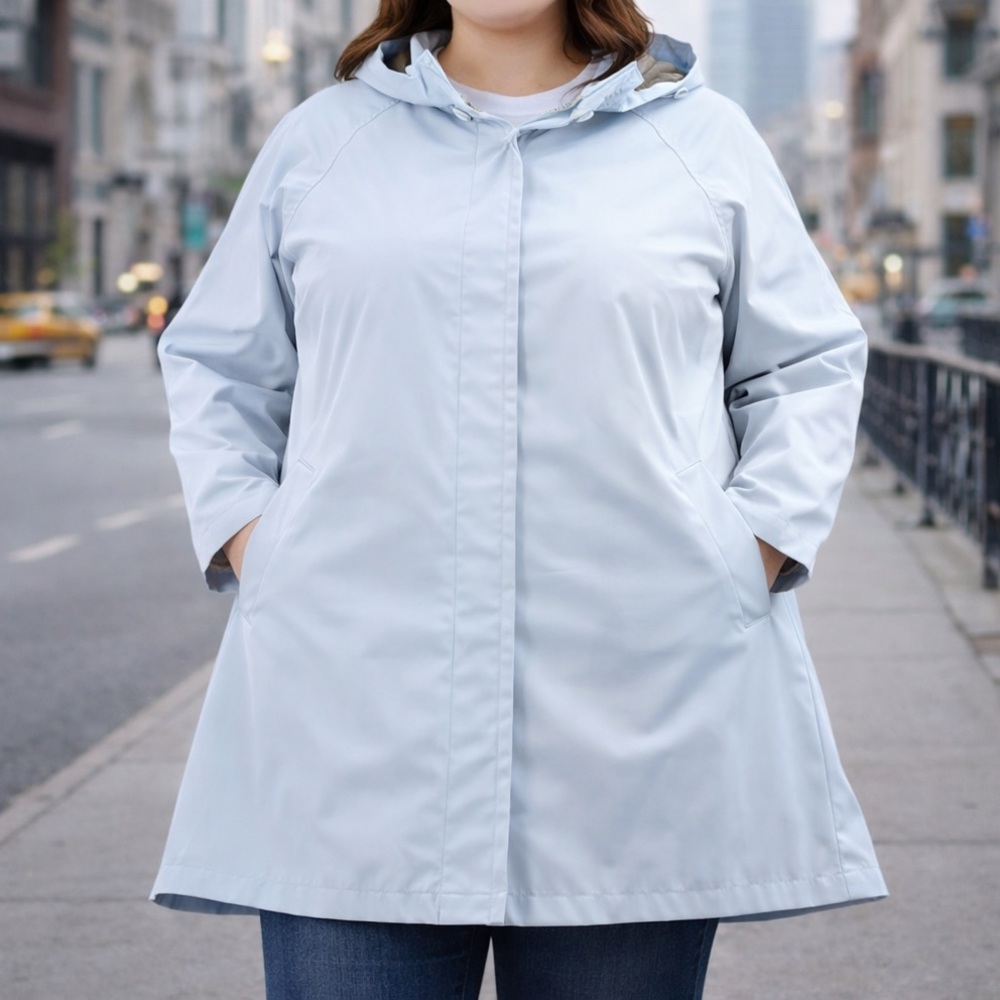 Towne Coat Womens 2X Pastel Blue Rain Hood Raglan Minimalist Normcore Chic VTG